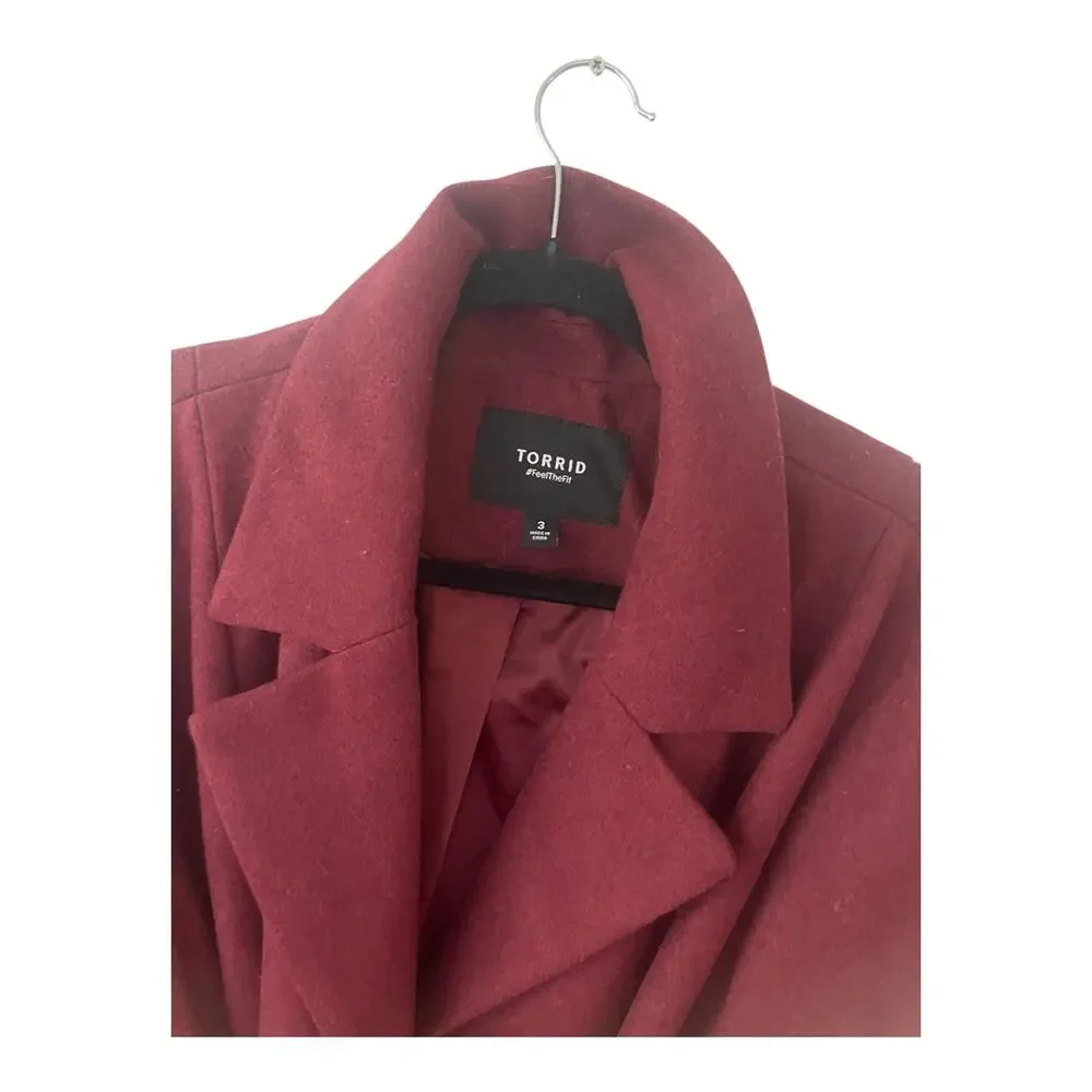 Torrid Trench Coat 3X Burgundy Red Wool Blend Tie Waist Jacket Long Plus - Picture 6 of 7